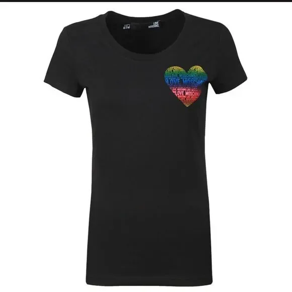 NEW Love Moschino Rainbow Foil Heart Logo Tee Black Size 2 - Picture 1 of 10